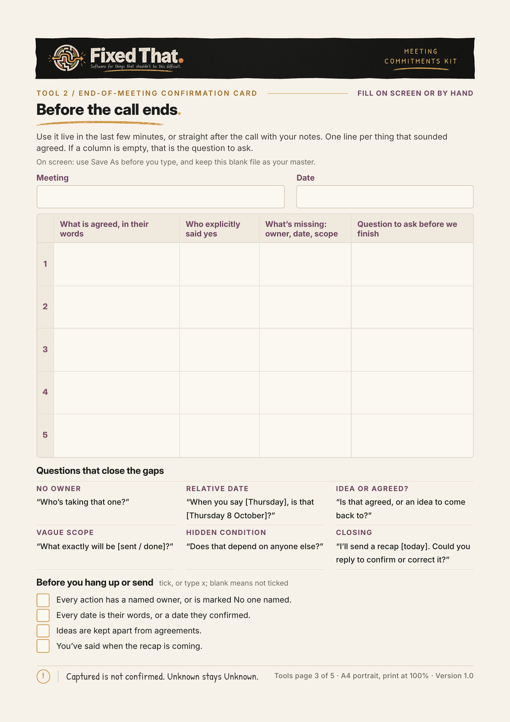 A real working page from What Did We Agree?: the end-of-meeting confirmation card