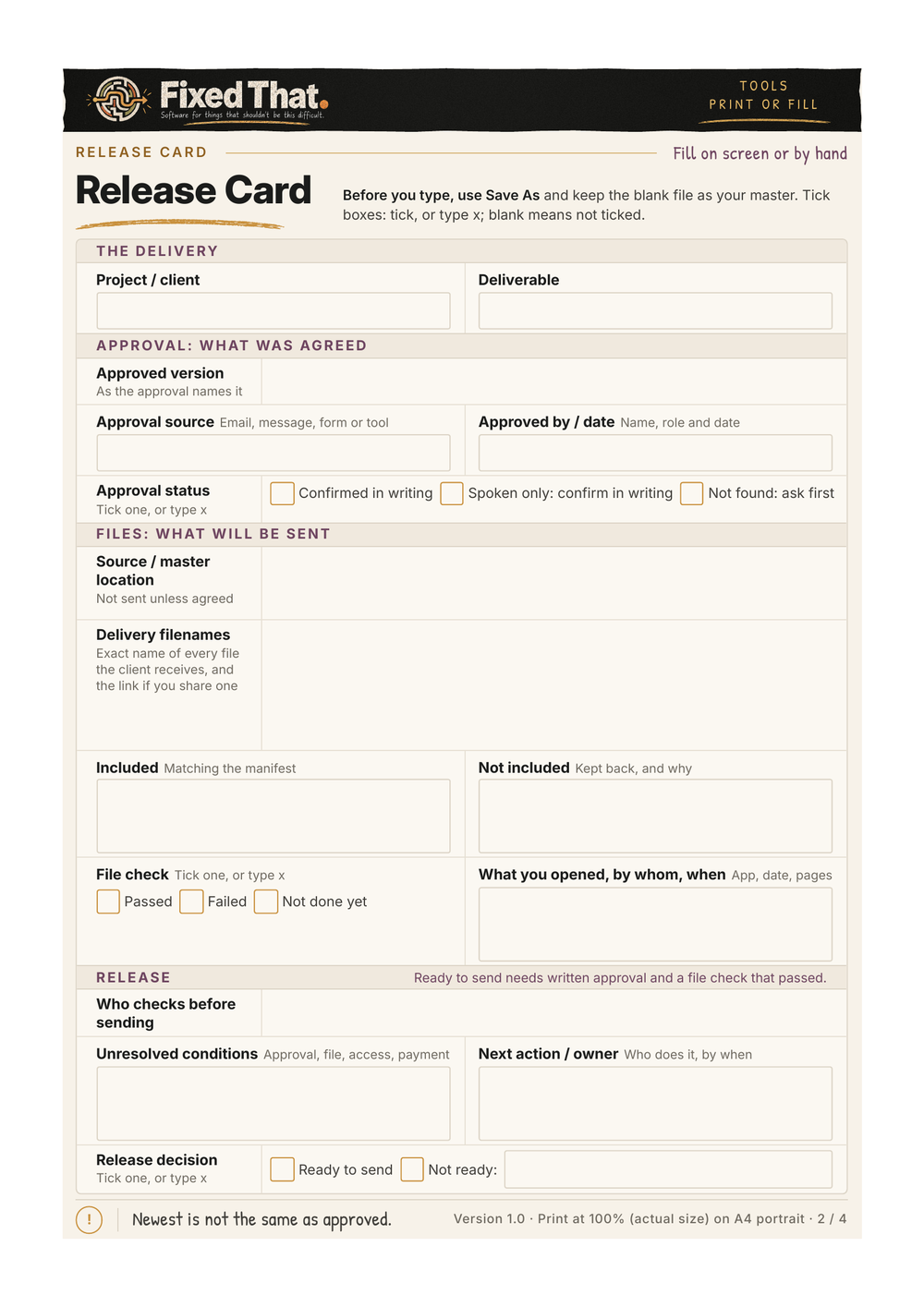 A real working page from Which File Do I Send?: the Release Card
